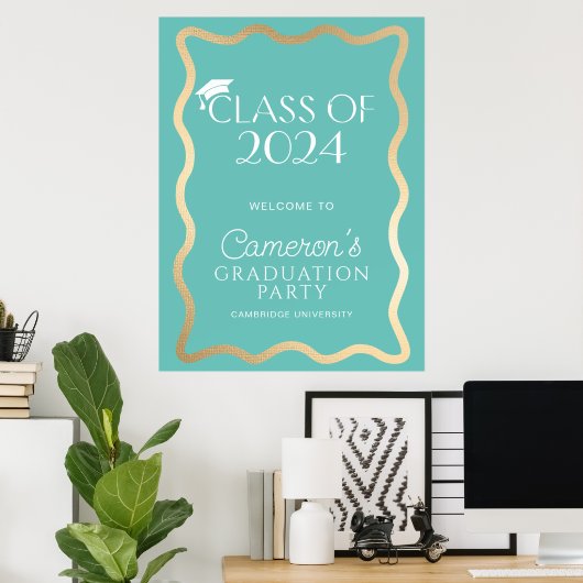 Wave Aqua Gold Graduation Party Willkommen Poster (Heimbüro)