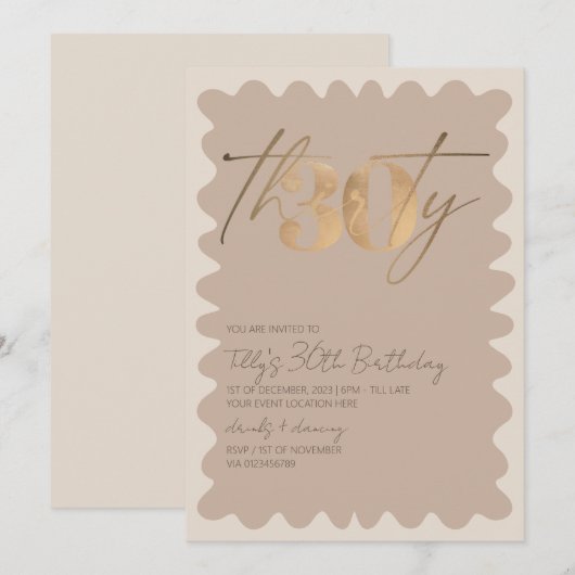Wave border-neutrales Gold, moderner 30. Geburtsta Einladung (Vorne/Hinten)