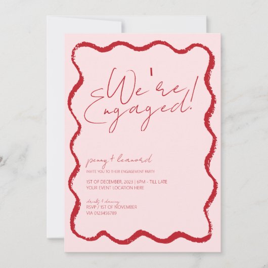 Wave Border Scallop Edge Red and Pink Verlobung Einladung (Vorderseite)