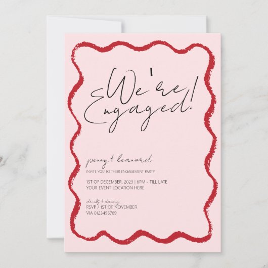 Wave Border Scallop Edge Red and Pink Verlobung Einladung (Vorderseite)