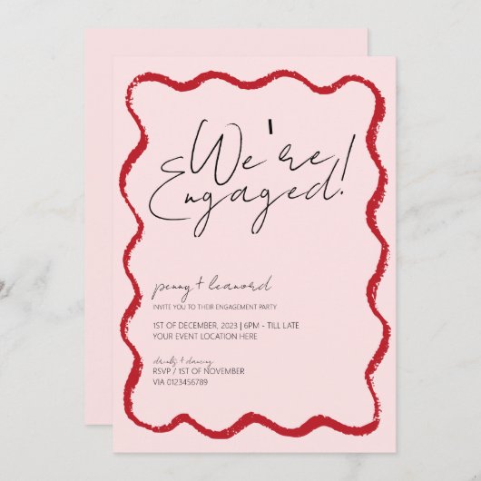 Wave Border Scallop Edge Red and Pink Verlobung Einladung (Vorne/Hinten)