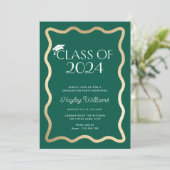 Wave Dark Green Gold Graduation Party Einladung (Stehend Vorderseite)