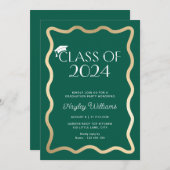 Wave Dark Green Gold Graduation Party Einladung (Vorne/Hinten)