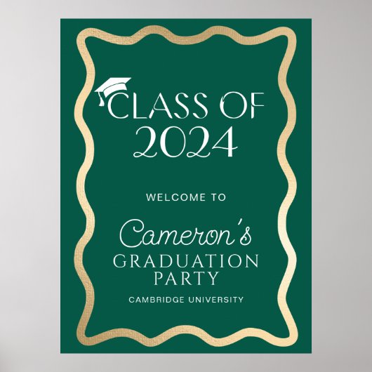 Wave Dark Green Gold Graduation Party Willkommen Poster (Vorne)