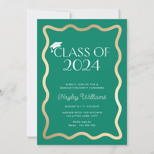 Wave Emerald Green Gold Graduation Party Einladung (Vorderseite)
