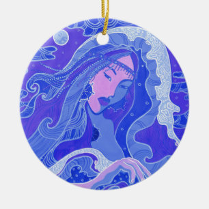 Wave, Mermaid, Asian Girl, blue & pink Keramikornament