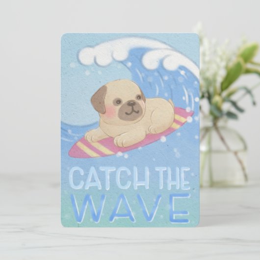 Wave: Mops Surfer Illustration Dankeskarte (Stehend Vorderseite)