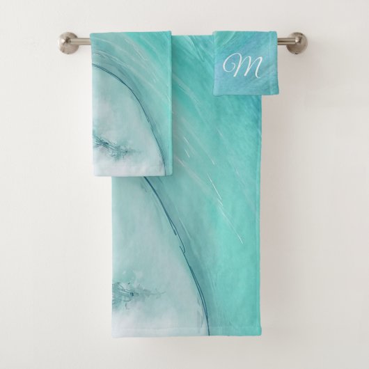 Wave Ocean Aqua Beach Blue Moderne Szene Badhandtuch Set (Insitu)