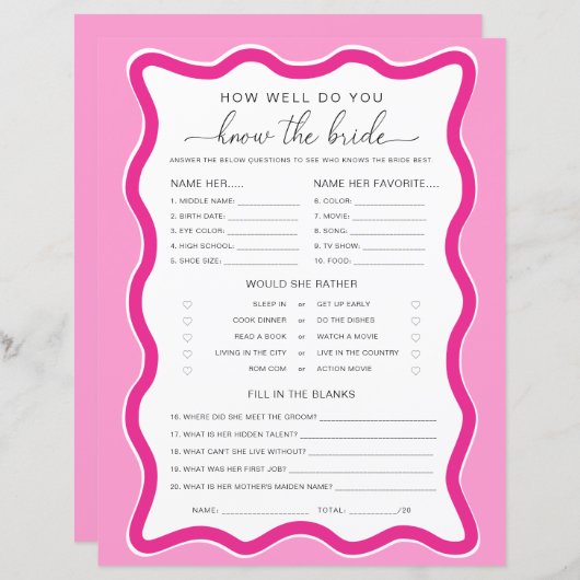 Wave Pink wie gut kennen Sie das Bride-Spiel (Vorne/Hinten)