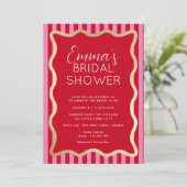 Wave Red Pink Stripe Brautparty Einladung (Stehend Vorderseite)