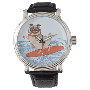 Wave reitet Hund auf Surfbrett mit Happy Mops Armbanduhr