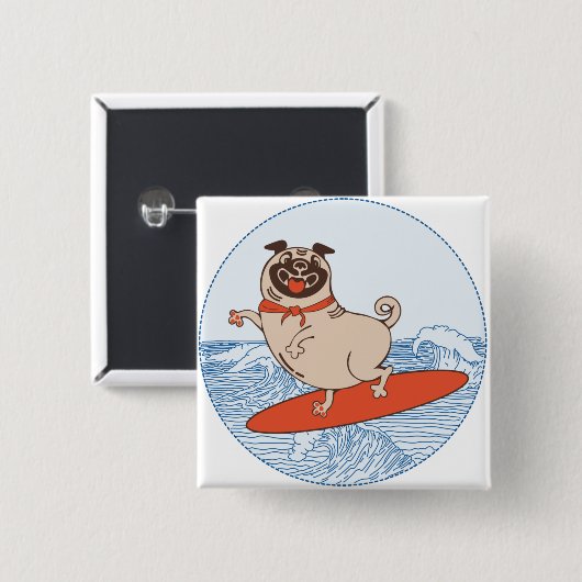 Wave reitet Hund auf Surfbrett mit Happy Mops Button (Vorne & Hinten)