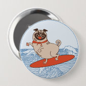 Wave reitet Hund auf Surfbrett mit Happy Mops Button (Vorne & Hinten)