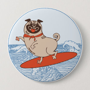 Wave reitet Hund auf Surfbrett mit Happy Mops Button