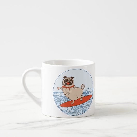 Wave reitet Hund auf Surfbrett mit Happy Mops Espressotasse (Links)