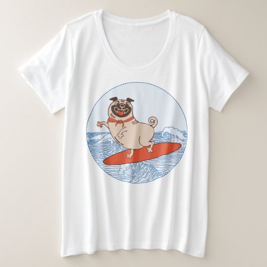 Wave reitet Hund auf Surfbrett mit Happy Mops Große Größe T-Shirt (Design vorne)