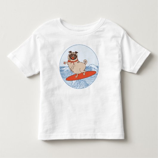 Wave reitet Hund auf Surfbrett mit Happy Mops Kleinkind T-shirt (Vorderseite)