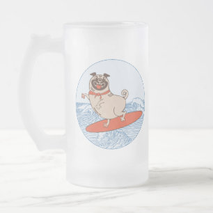 Wave reitet Hund auf Surfbrett mit Happy Mops Mattglas Bierglas