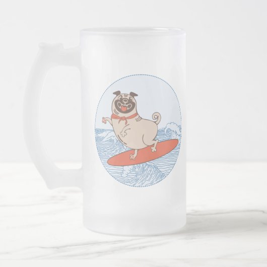 Wave reitet Hund auf Surfbrett mit Happy Mops Mattglas Bierglas (Links)