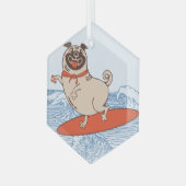 Wave reitet Hund auf Surfbrett mit Happy Mops Ornament Aus Glas (Vorderseite Links)