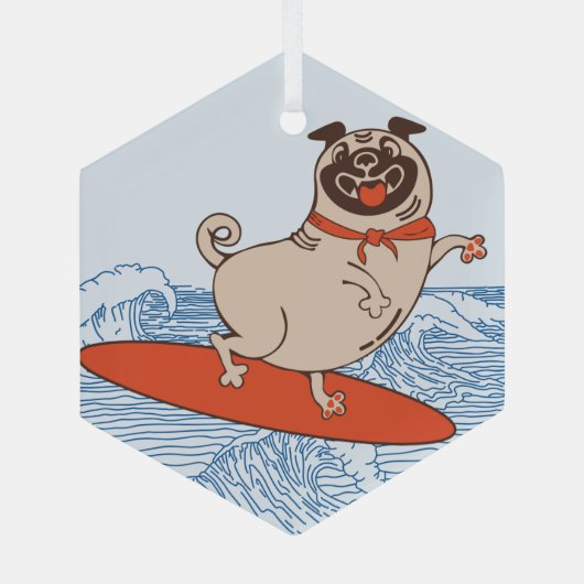 Wave reitet Hund auf Surfbrett mit Happy Mops Ornament Aus Glas (Rückseite)