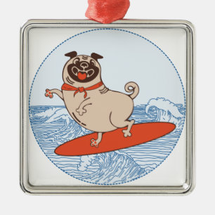 Wave reitet Hund auf Surfbrett mit Happy Mops Ornament Aus Metall