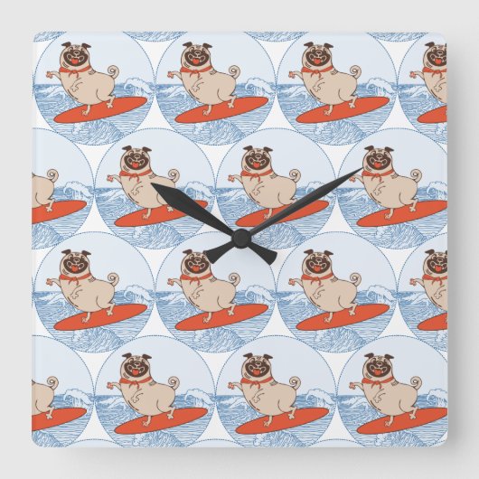 Wave reitet Hund auf Surfbrett mit Happy Mops Quadratische Wanduhr (Vorderseite)
