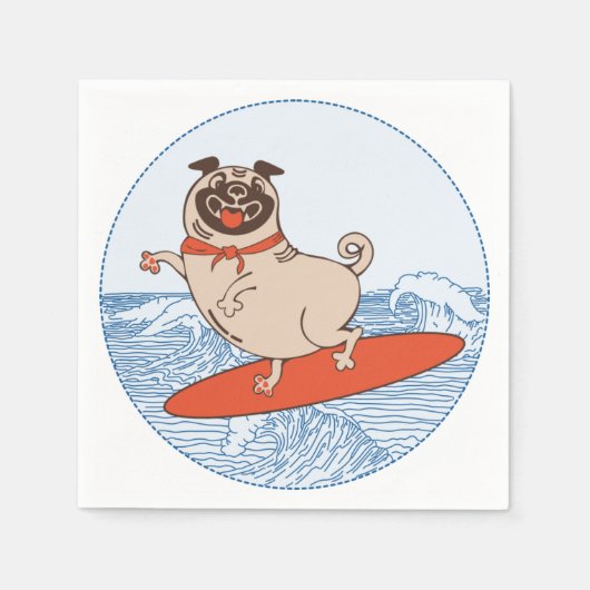 Wave reitet Hund auf Surfbrett mit Happy Mops Serviette (Vorderseite)