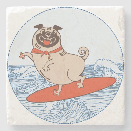 Wave reitet Hund auf Surfbrett mit Happy Mops Steinuntersetzer (Vorderseite)