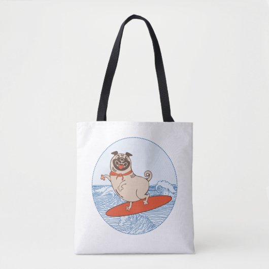 Wave reitet Hund auf Surfbrett mit Happy Mops Tasche (Vorderseite)