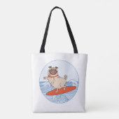 Wave reitet Hund auf Surfbrett mit Happy Mops Tasche (Rückseite)