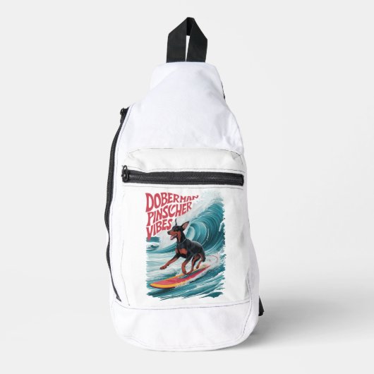 Wave Rider: Doberman Pinscher Hund surfen im Stil Crossbody Bag (Vorderseite)