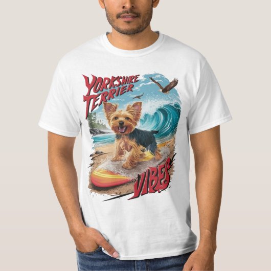 Wave Rider Yorkshire Terrier Surfbrett T-Shirt (Vorderseite)