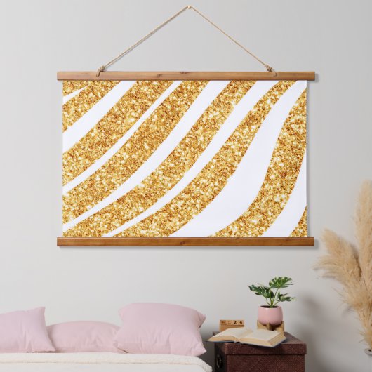 Wave Sea Gold Glitzer Boho Popular Collection Wandteppich Mit Holzrahmen (Schlafzimmer)