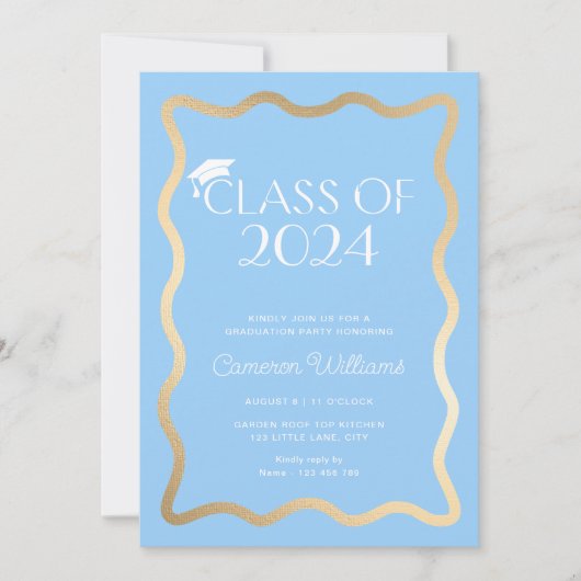 Wave Sky Blue Gold Graduation Party Einladung (Vorderseite)