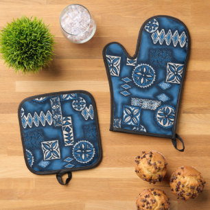 Wave Warrior Hawaiian Primitive Tapa Blue Ofenhandschuh & Topflappen-Set
