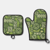 Wave Warrior Hawaiian Primitive Tapa Green Ofenhandschuh & Topflappen-Set (Vorderseite)