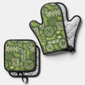 Wave Warrior Hawaiian Primitive Tapa Green Ofenhandschuh & Topflappen-Set (Vorderseite/Rückseite)