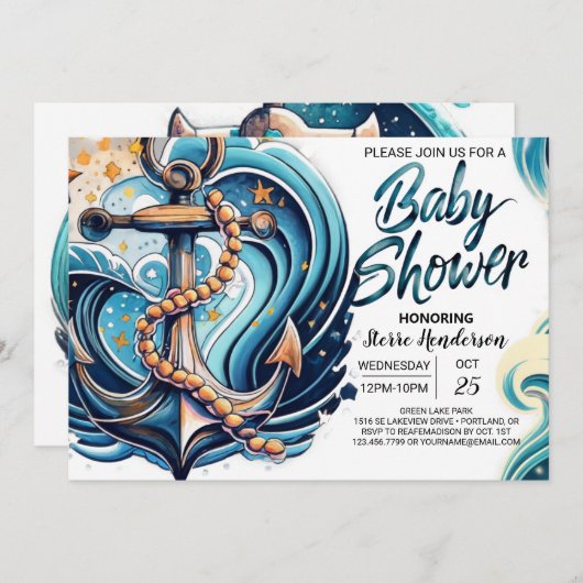 Waves Blue Baby Dusche Einladung (Vorne/Hinten)