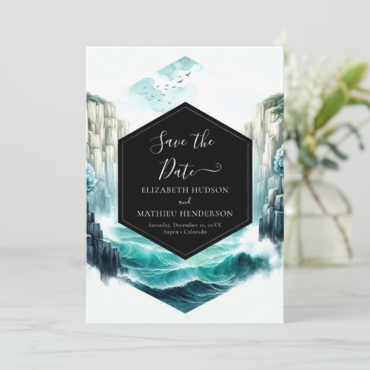 Waves Blue Nautical Wedding Save The Date (Stehend Vorderseite)