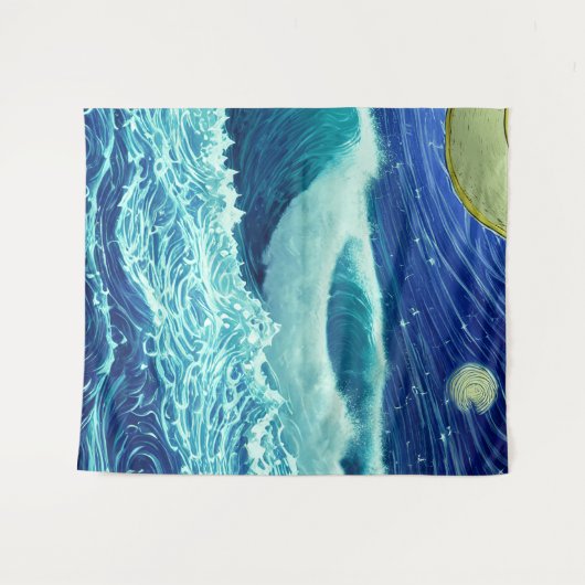 Waves Blue Ocean Night Wandteppich (Vorderseite (Horizontal))