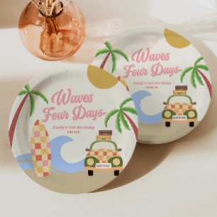 Waves Four Days Surf Board Pink 4. Geburtstagsfeie Pappteller