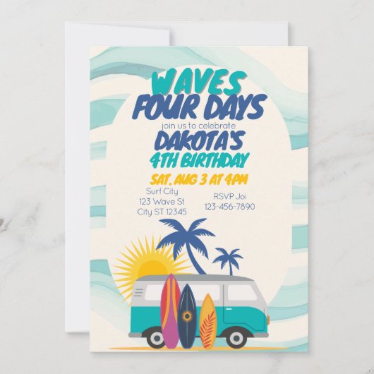 Waves Four Days Surf Van 4th Birthday Einladung (Vorderseite)