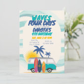 Waves Four Days Surf Van 4th Birthday Einladung (Stehend Vorderseite)