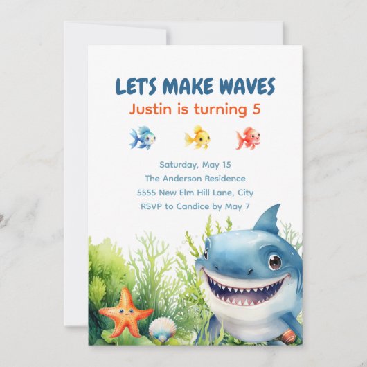 Waves Happy Shark Under Sea Birthday Einladung (Vorderseite)