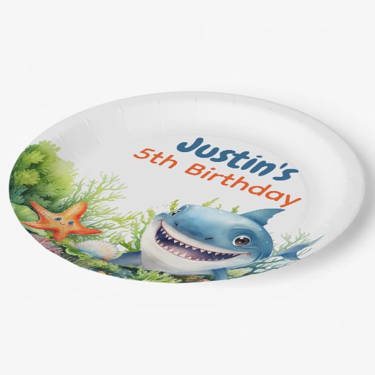 Waves Happy Shark Under Sea Birthday Pappteller (Schrägansicht)