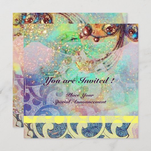 WAVES , hellgelb-blau-grün-rosa goldenen Funkeln Einladung (Vorne/Hinten)