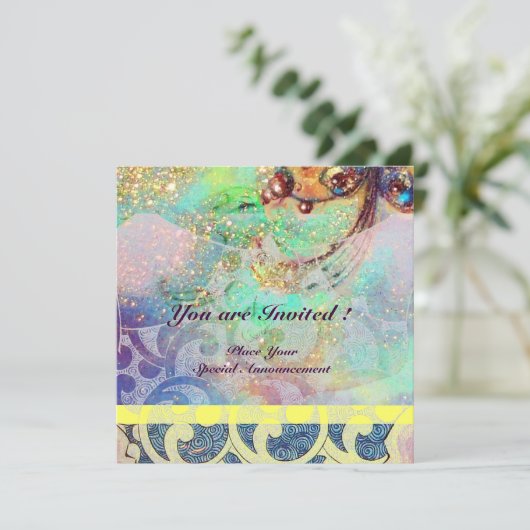 WAVES , hellgelb-blau-grün-rosa goldenen Funkeln Einladung (Stehend Vorderseite)