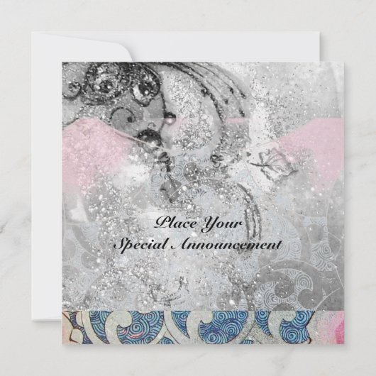 WAVES , hellschwarz-weiß-rosa blaue Glitzern Einladung (Rückseite)