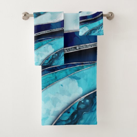 Waves - Mixed Media Blue Abstrakt Badhandtuch Set (Insitu)